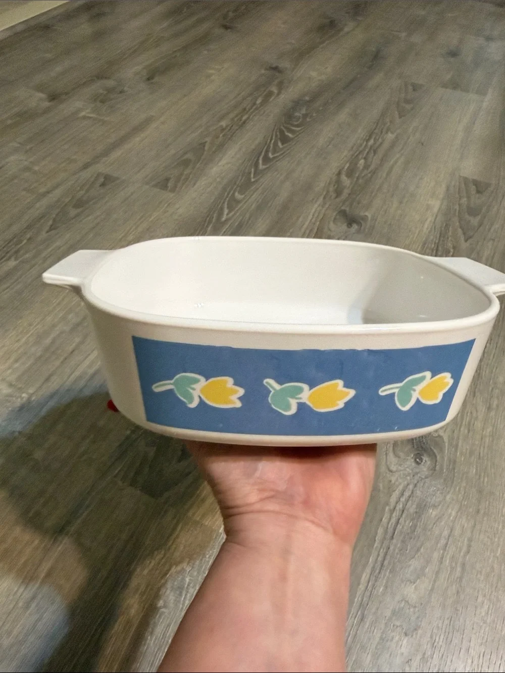 Corningware Primavera Baking Dish with Blue  Border & Yellow Tulip Accents Vtg